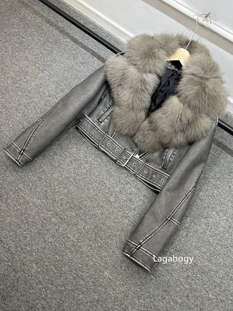 2025 Women Vintage Pu Faux Leather Short Jacket With Belt Streetwear Female Zipper Retro Coat Outwear Big Real Fox Fur Collar