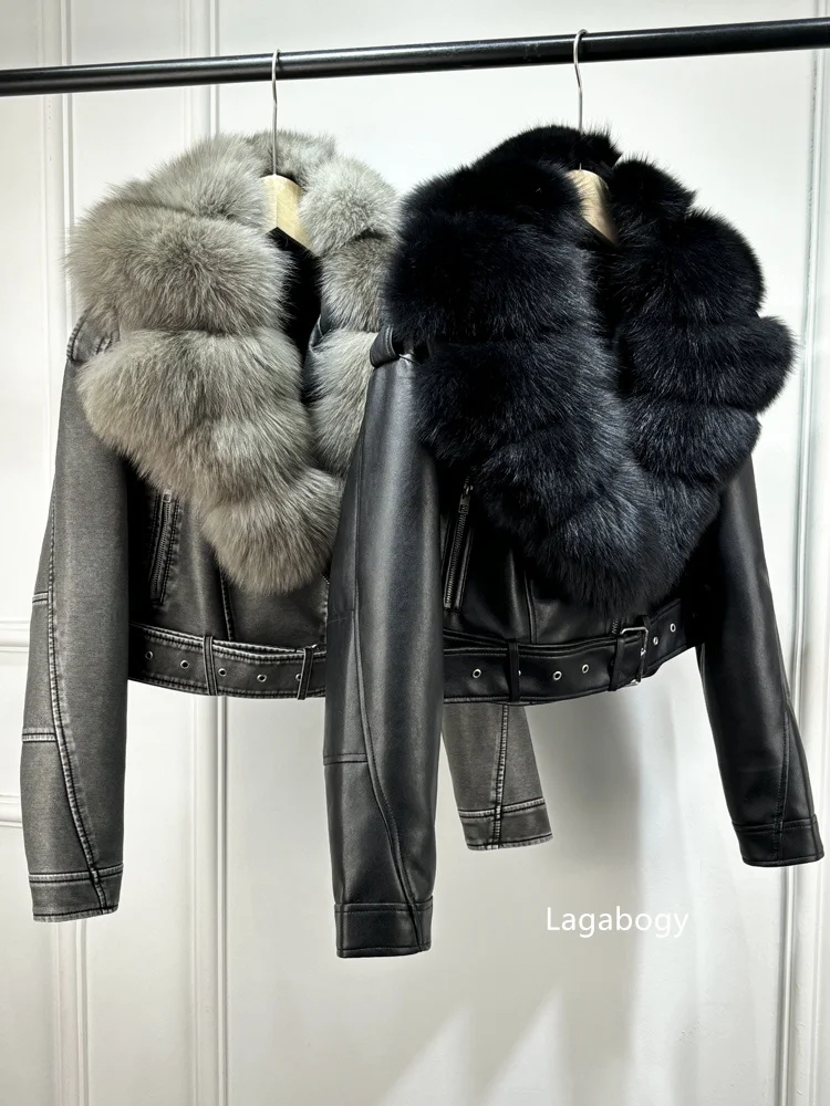 2025 Women Vintage Pu Faux Leather Short Jacket With Belt Streetwear Female Zipper Retro Coat Outwear Big Real Fox Fur Collar