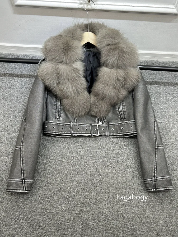 2025 Women Vintage Pu Faux Leather Short Jacket With Belt Streetwear Female Zipper Retro Coat Outwear Big Real Fox Fur Collar