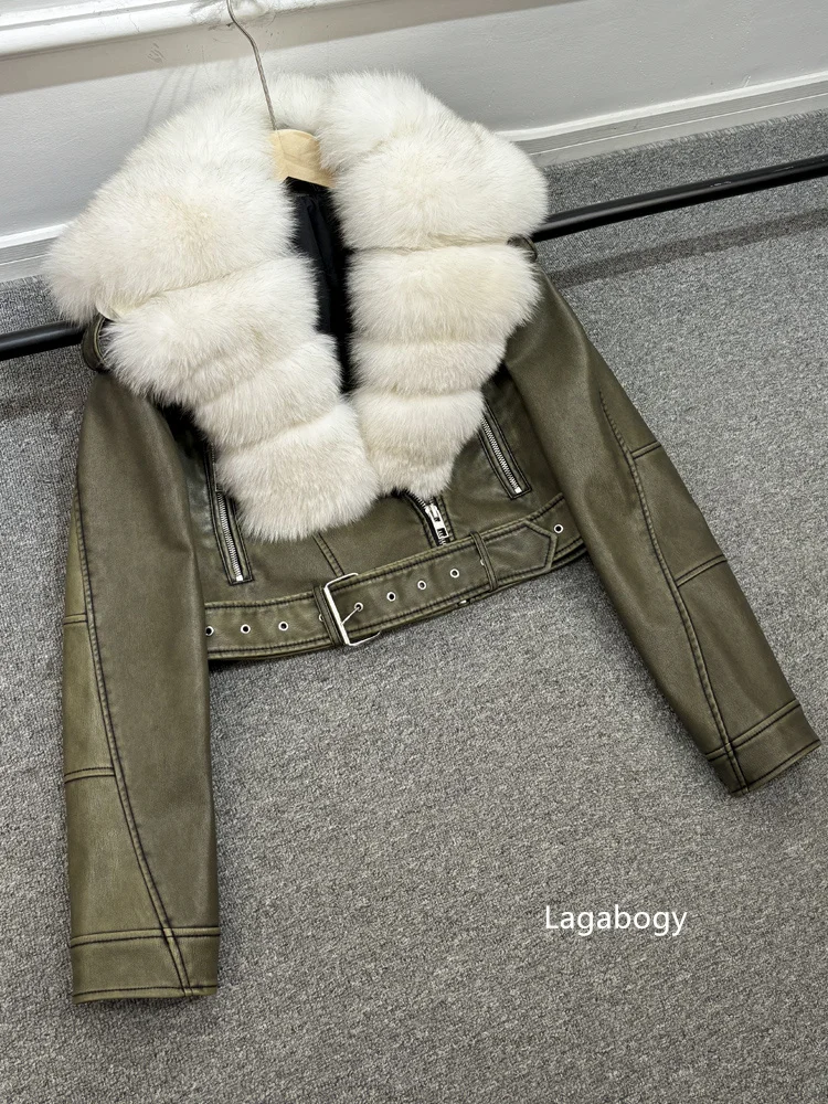 2025 Women Vintage Pu Faux Leather Short Jacket With Belt Streetwear Female Zipper Retro Coat Outwear Big Real Fox Fur Collar