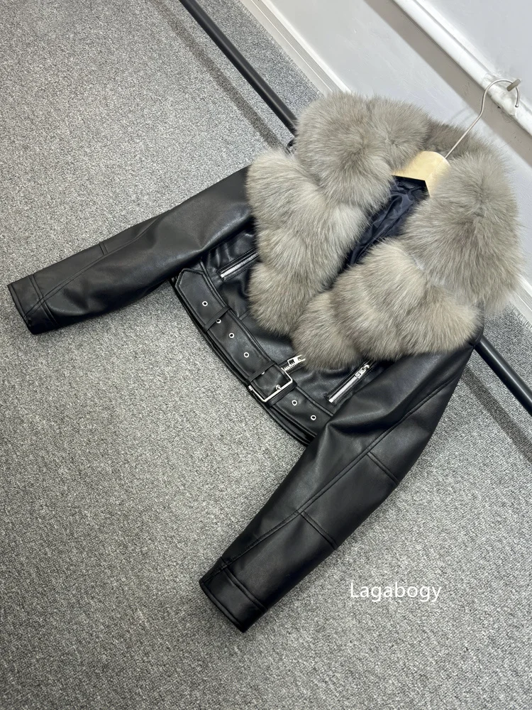 2025 Women Vintage Pu Faux Leather Short Jacket With Belt Streetwear Female Zipper Retro Coat Outwear Big Real Fox Fur Collar