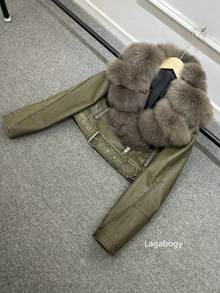 2025 Women Vintage Pu Faux Leather Short Jacket With Belt Streetwear Female Zipper Retro Coat Outwear Big Real Fox Fur Collar