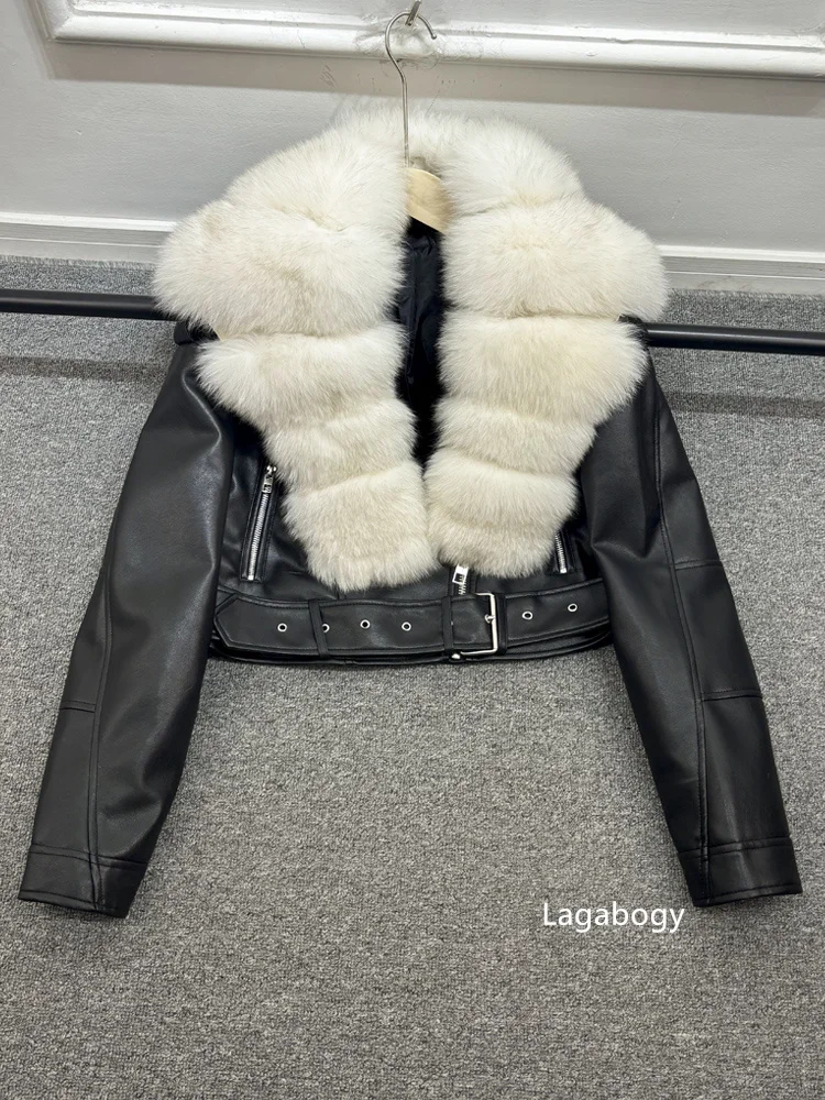 2025 Women Vintage Pu Faux Leather Short Jacket With Belt Streetwear Female Zipper Retro Coat Outwear Big Real Fox Fur Collar