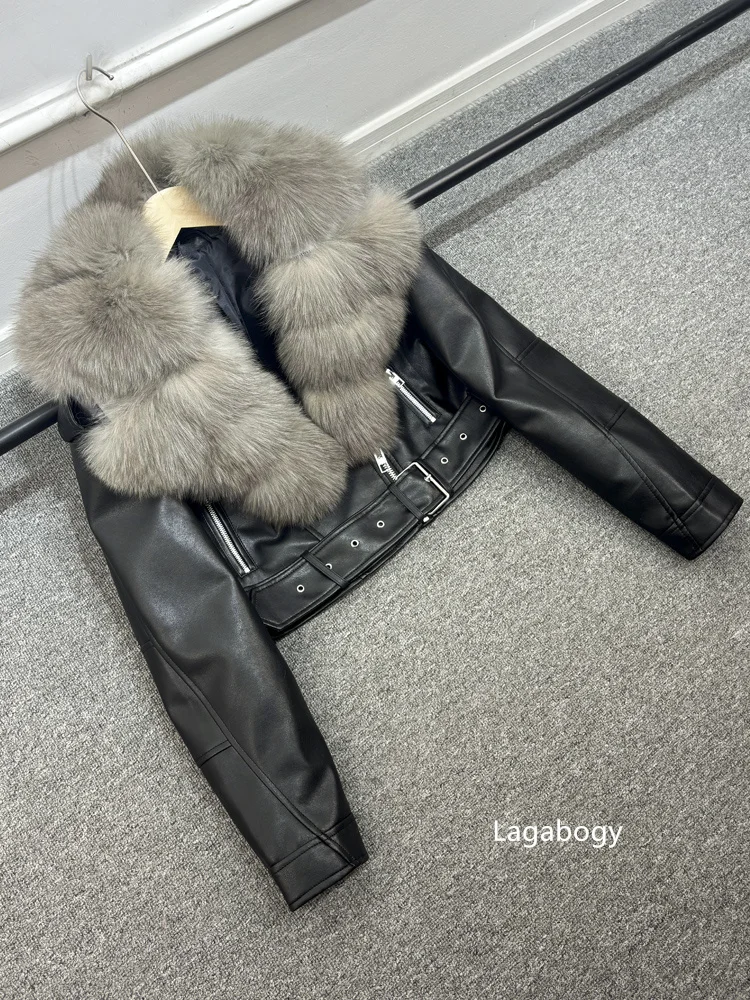 2025 Women Vintage Pu Faux Leather Short Jacket With Belt Streetwear Female Zipper Retro Coat Outwear Big Real Fox Fur Collar