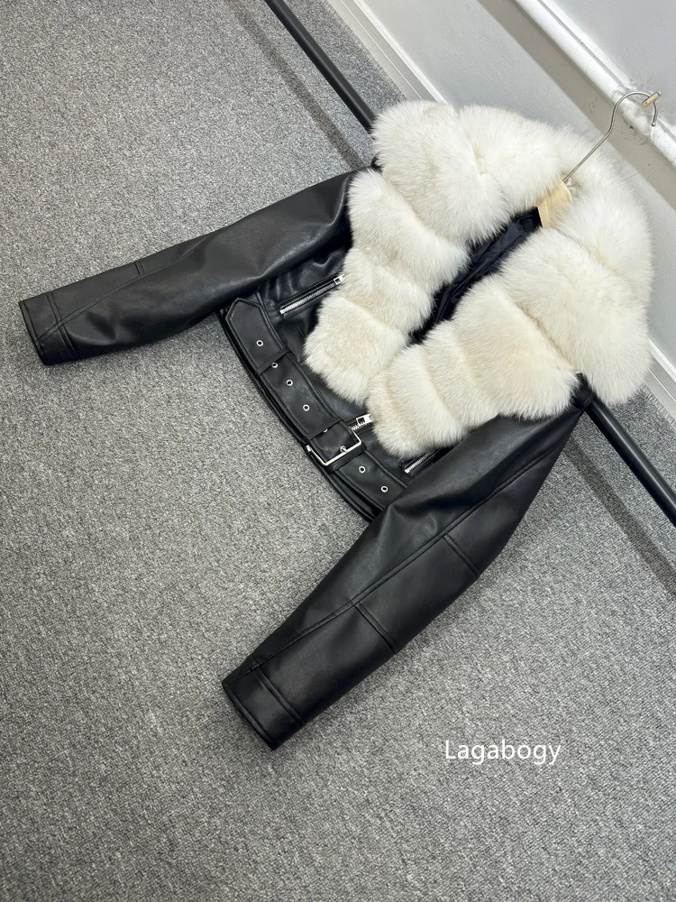 2025 Women Vintage Pu Faux Leather Short Jacket With Belt Streetwear Female Zipper Retro Coat Outwear Big Real Fox Fur Collar