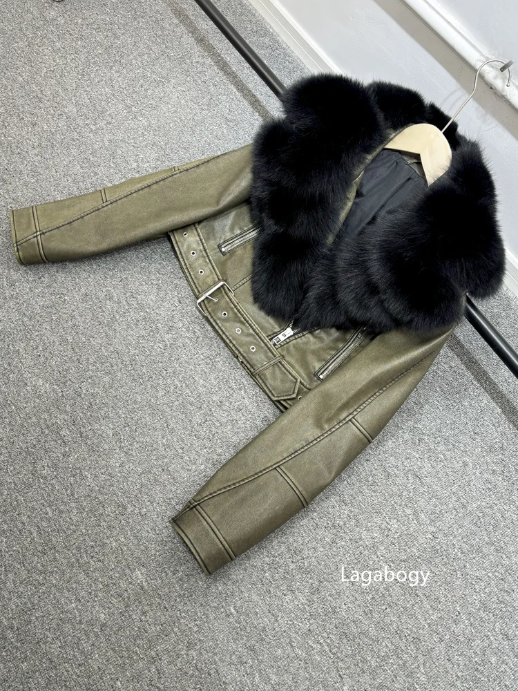2025 Women Vintage Pu Faux Leather Short Jacket With Belt Streetwear Female Zipper Retro Coat Outwear Big Real Fox Fur Collar