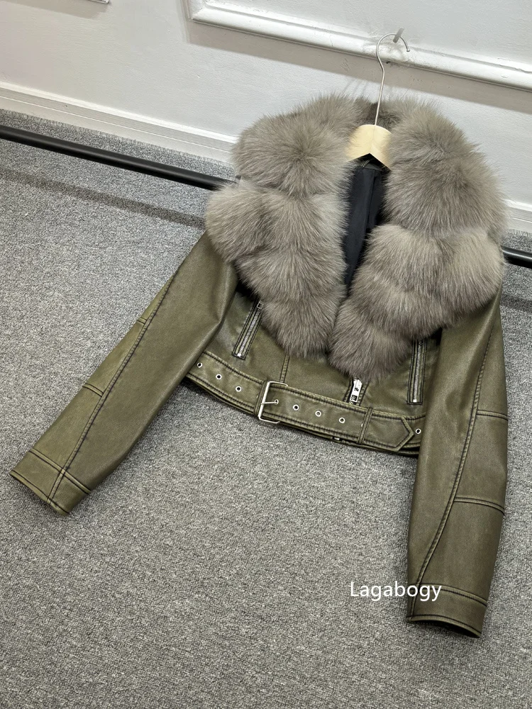2025 Women Vintage Pu Faux Leather Short Jacket With Belt Streetwear Female Zipper Retro Coat Outwear Big Real Fox Fur Collar