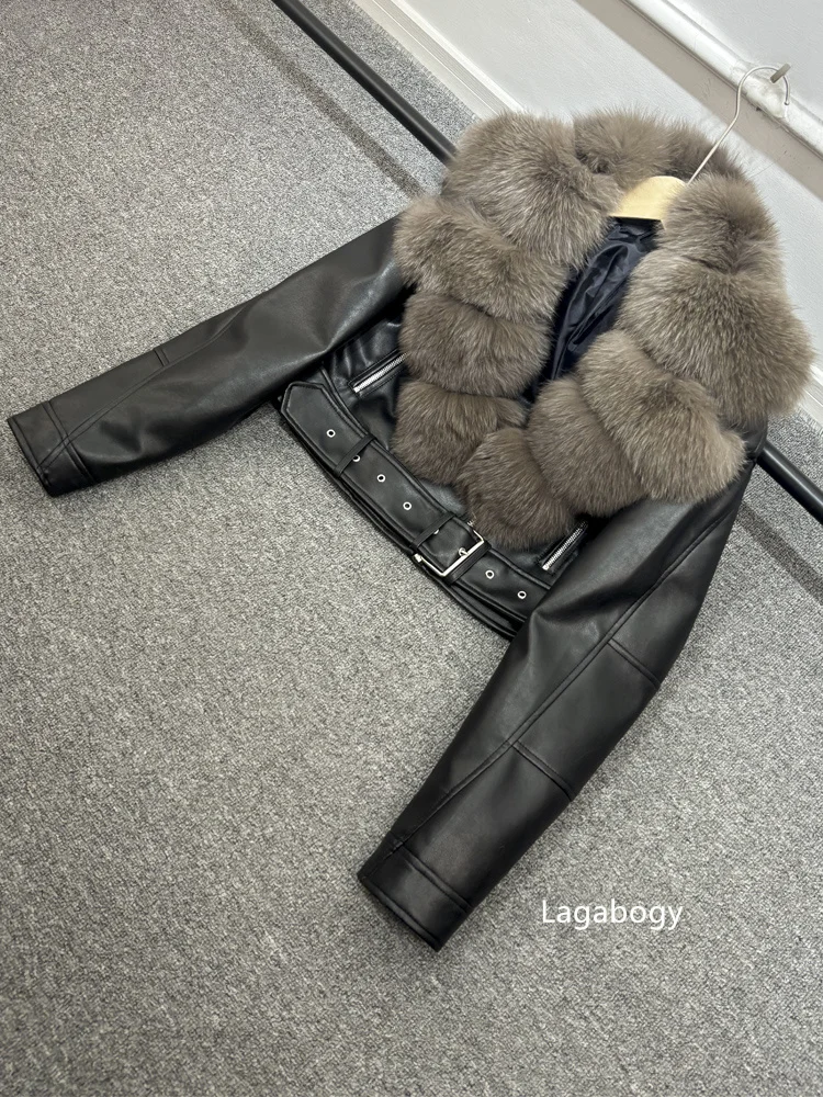 2025 Women Vintage Pu Faux Leather Short Jacket With Belt Streetwear Female Zipper Retro Coat Outwear Big Real Fox Fur Collar