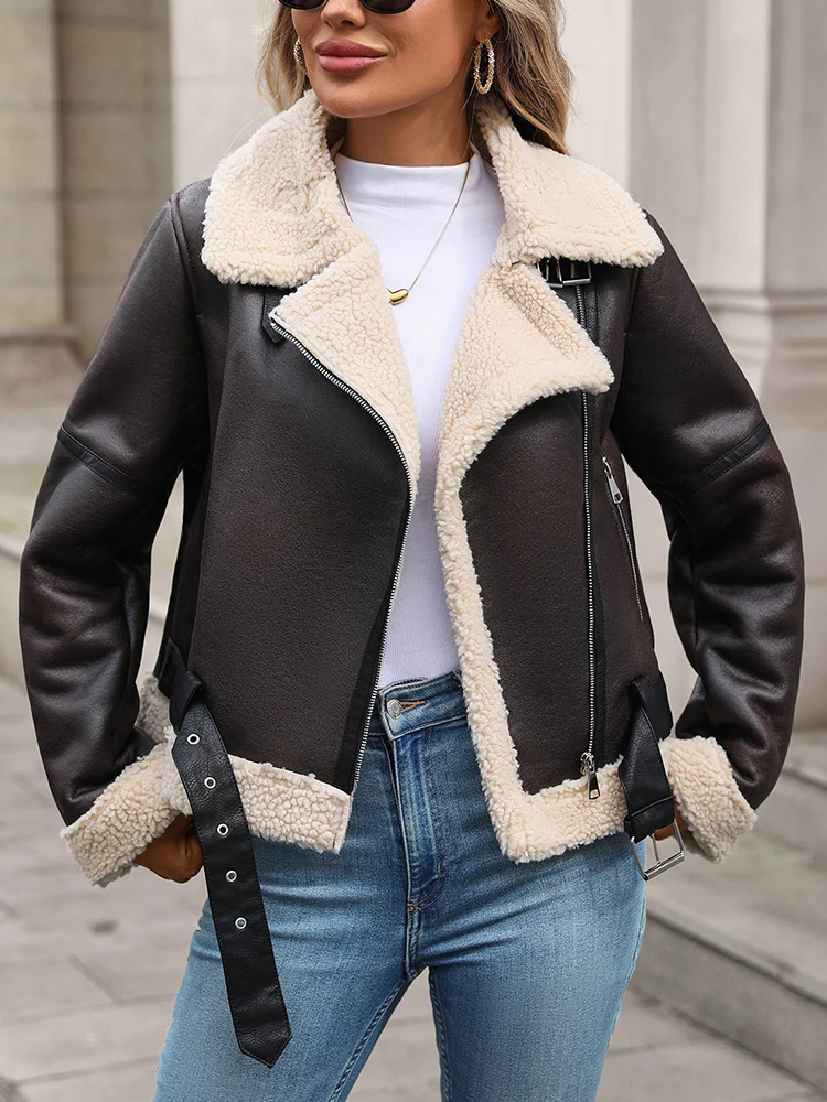 Ailegogo New Women Autumn Winter Warm Black Faux Lamb Fur Leather Jacket Streetwear Female Retro Zipper Belt Coat Outwear