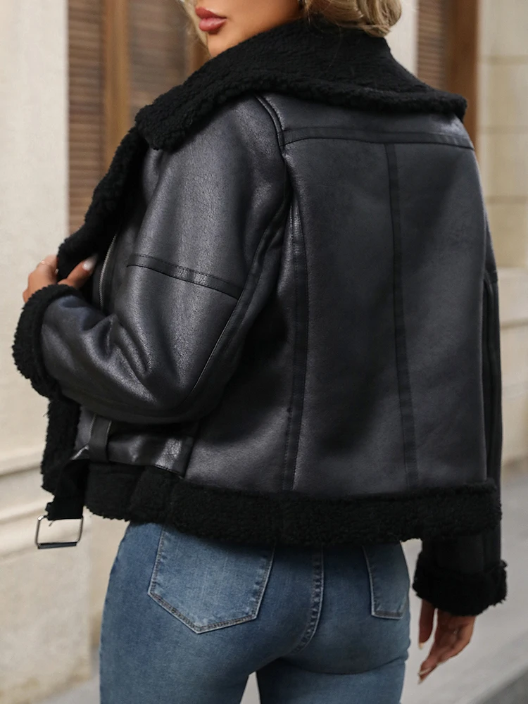 Ailegogo New Women Autumn Winter Warm Black Faux Lamb Fur Leather Jacket Streetwear Female Retro Zipper Belt Coat Outwear