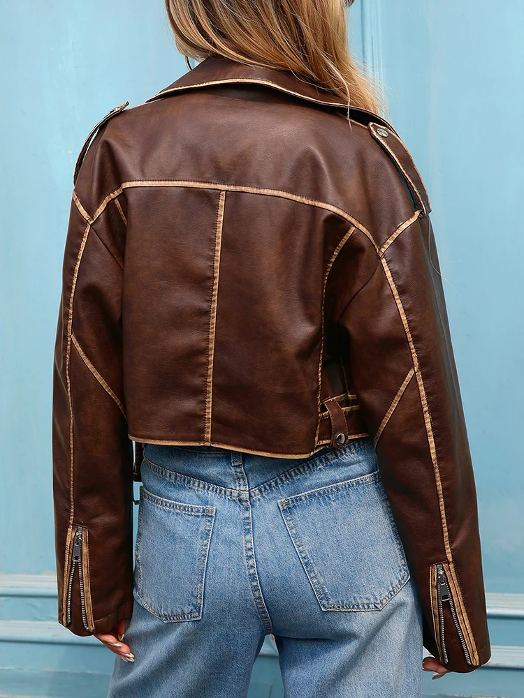 Ailegogo Vintage Women Loose Belt Pu Faux Leather Jacket Streetwear Female Moto Biker Coat Spring Autumn Outwear