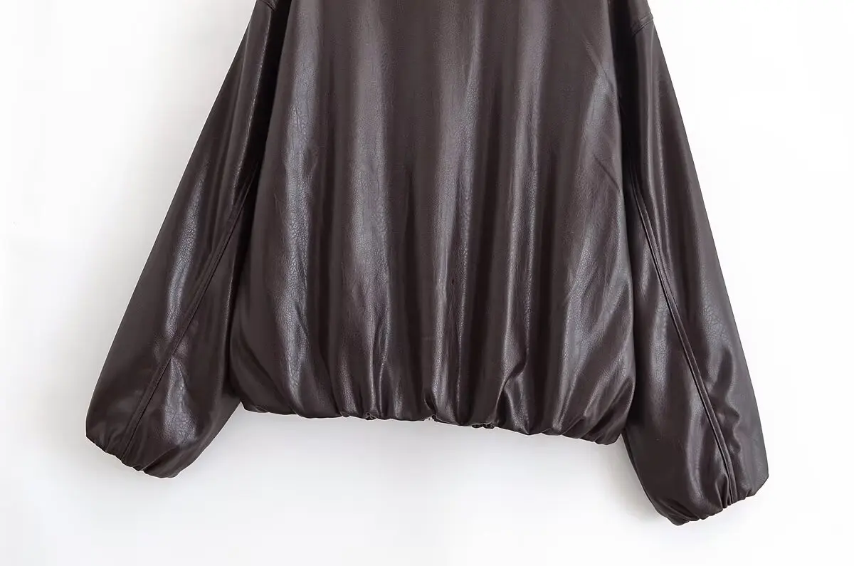 HH Women Vintage Dark Brown Faux Leather Bomber Jacket Long Sleeve Zipper Lapel Coat Spring Autumn Fashion Lady Streetwear Tops
