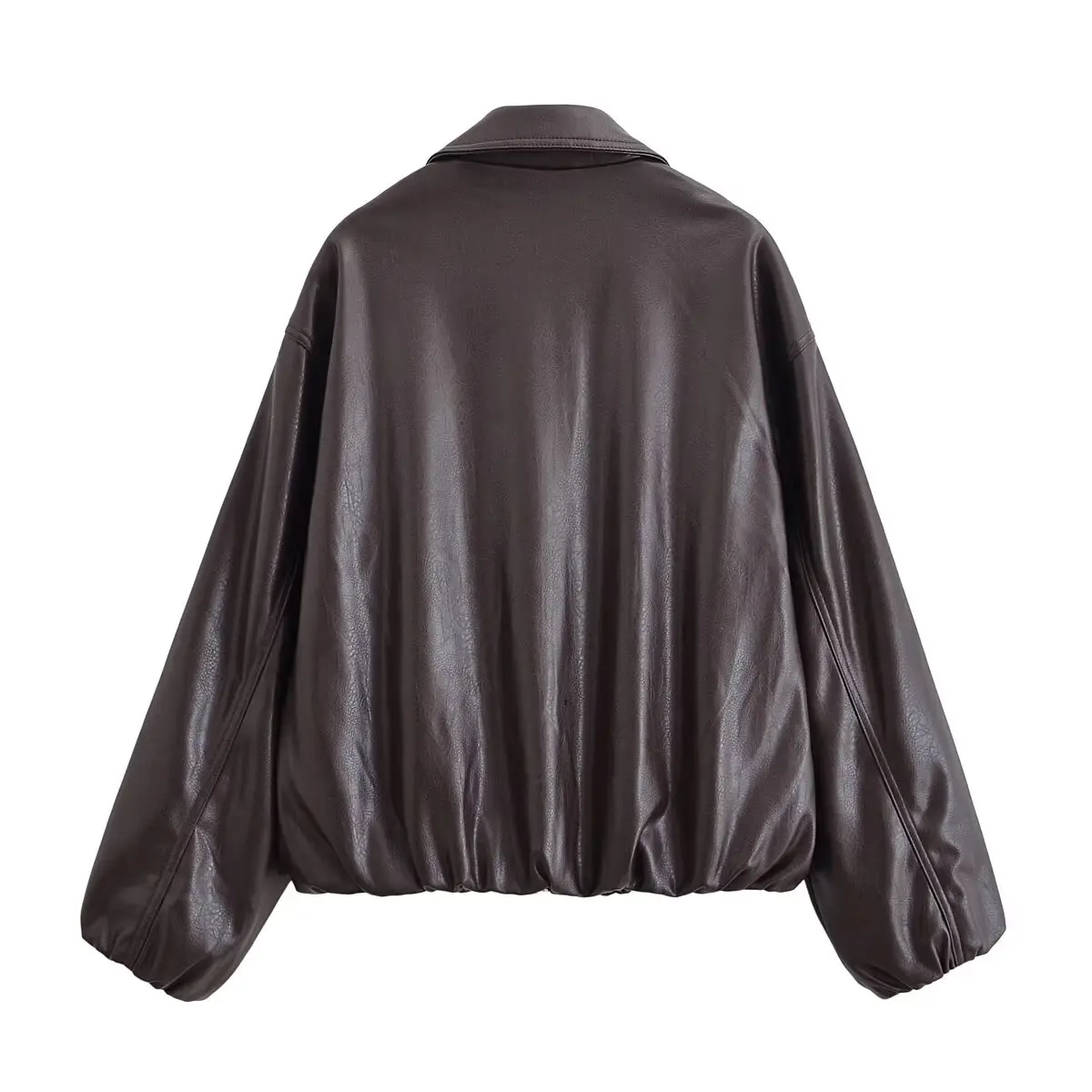 HH Women Vintage Dark Brown Faux Leather Bomber Jacket Long Sleeve Zipper Lapel Coat Spring Autumn Fashion Lady Streetwear Tops