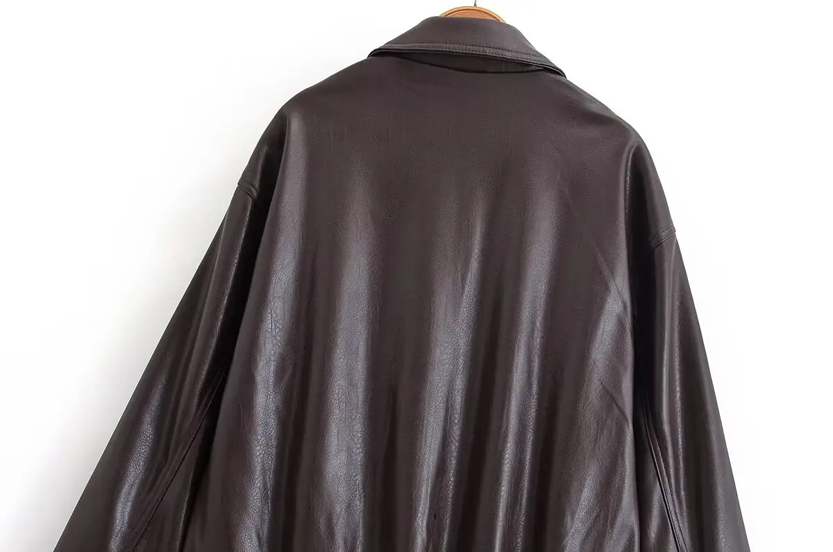 HH Women Vintage Dark Brown Faux Leather Bomber Jacket Long Sleeve Zipper Lapel Coat Spring Autumn Fashion Lady Streetwear Tops