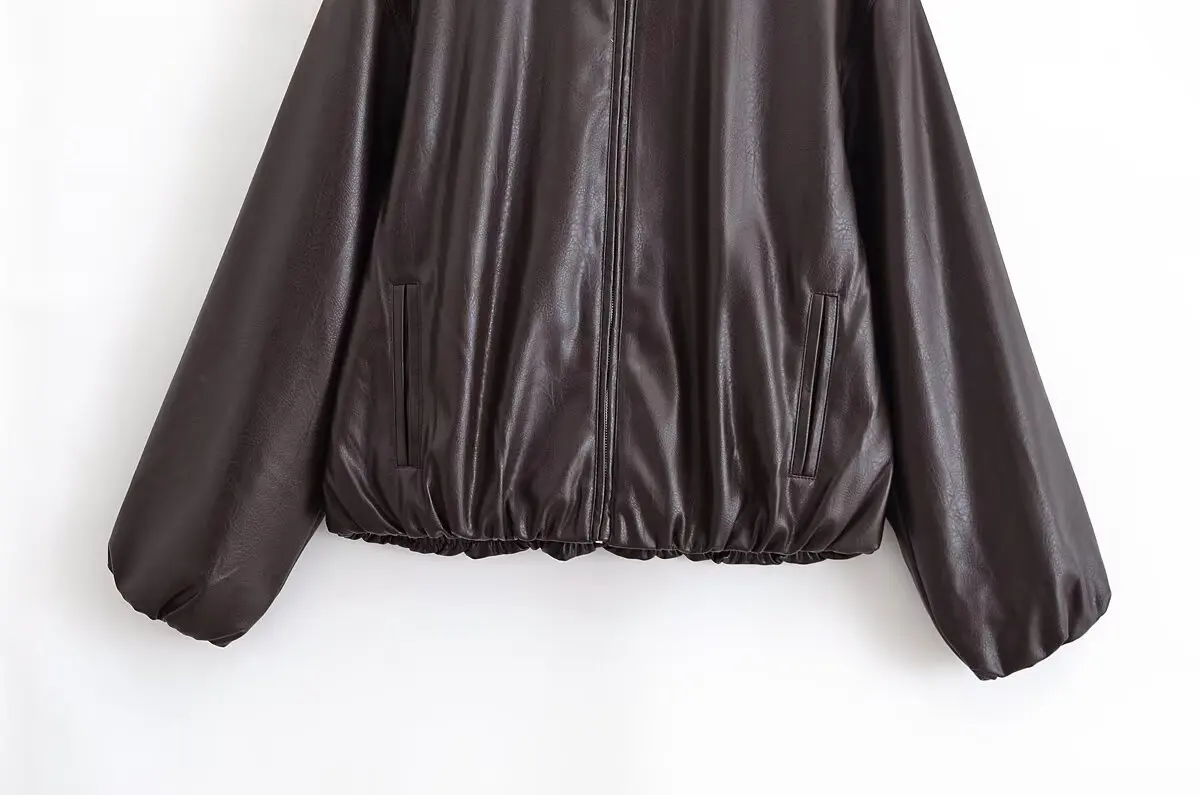 HH Women Vintage Dark Brown Faux Leather Bomber Jacket Long Sleeve Zipper Lapel Coat Spring Autumn Fashion Lady Streetwear Tops