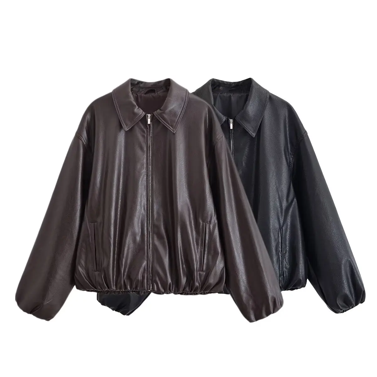 HH Women Vintage Dark Brown Faux Leather Bomber Jacket Long Sleeve Zipper Lapel Coat Spring Autumn Fashion Lady Streetwear Tops