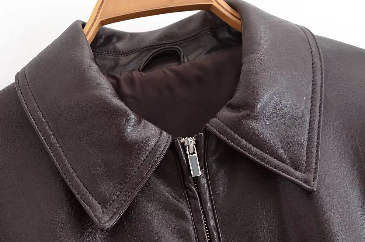 HH Women Vintage Dark Brown Faux Leather Bomber Jacket Long Sleeve Zipper Lapel Coat Spring Autumn Fashion Lady Streetwear Tops