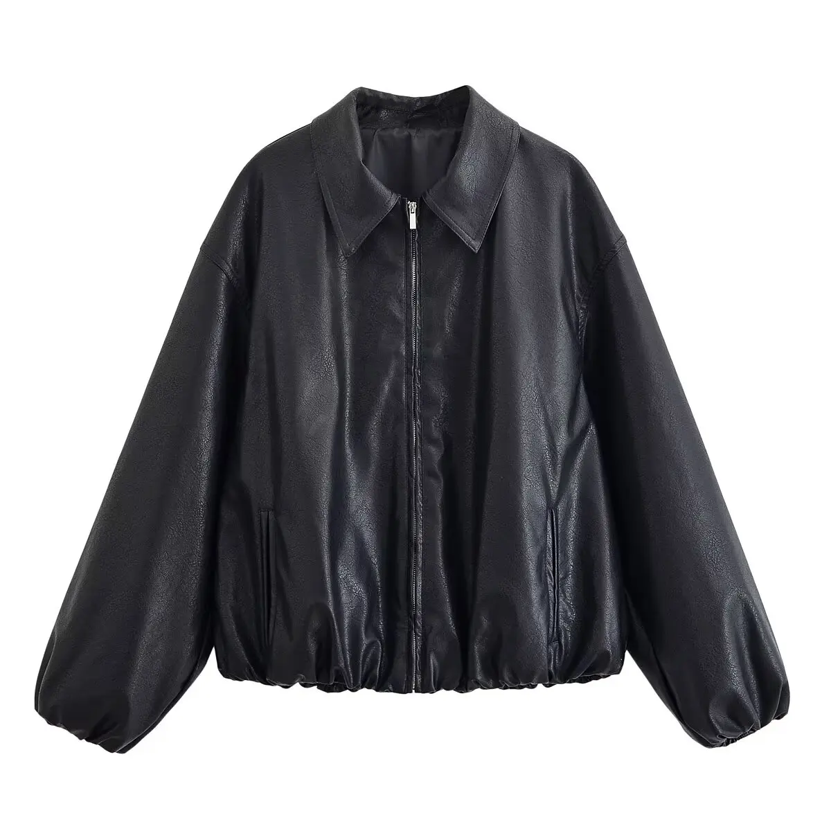 HH Women Vintage Dark Brown Faux Leather Bomber Jacket Long Sleeve Zipper Lapel Coat Spring Autumn Fashion Lady Streetwear Tops