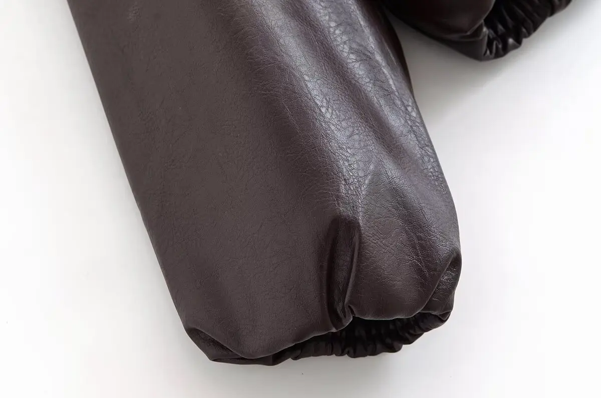 HH Women Vintage Dark Brown Faux Leather Bomber Jacket Long Sleeve Zipper Lapel Coat Spring Autumn Fashion Lady Streetwear Tops