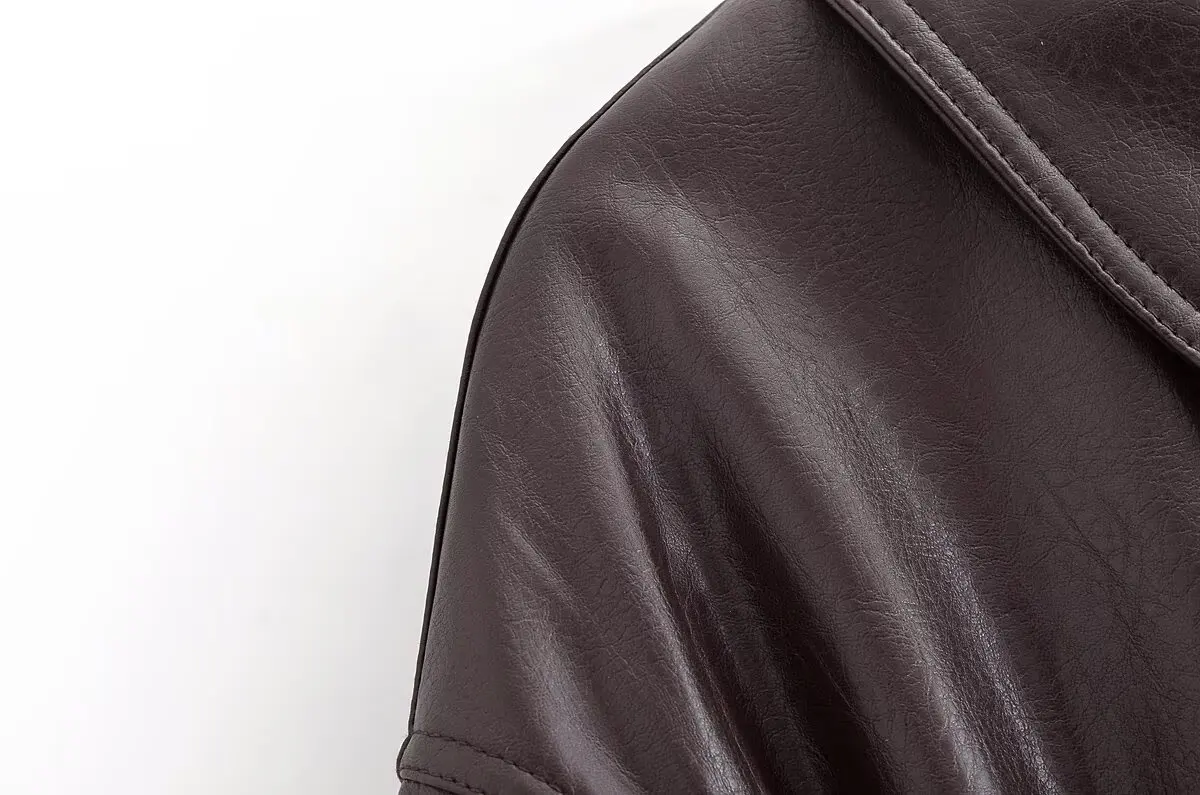 HH Women Vintage Dark Brown Faux Leather Bomber Jacket Long Sleeve Zipper Lapel Coat Spring Autumn Fashion Lady Streetwear Tops