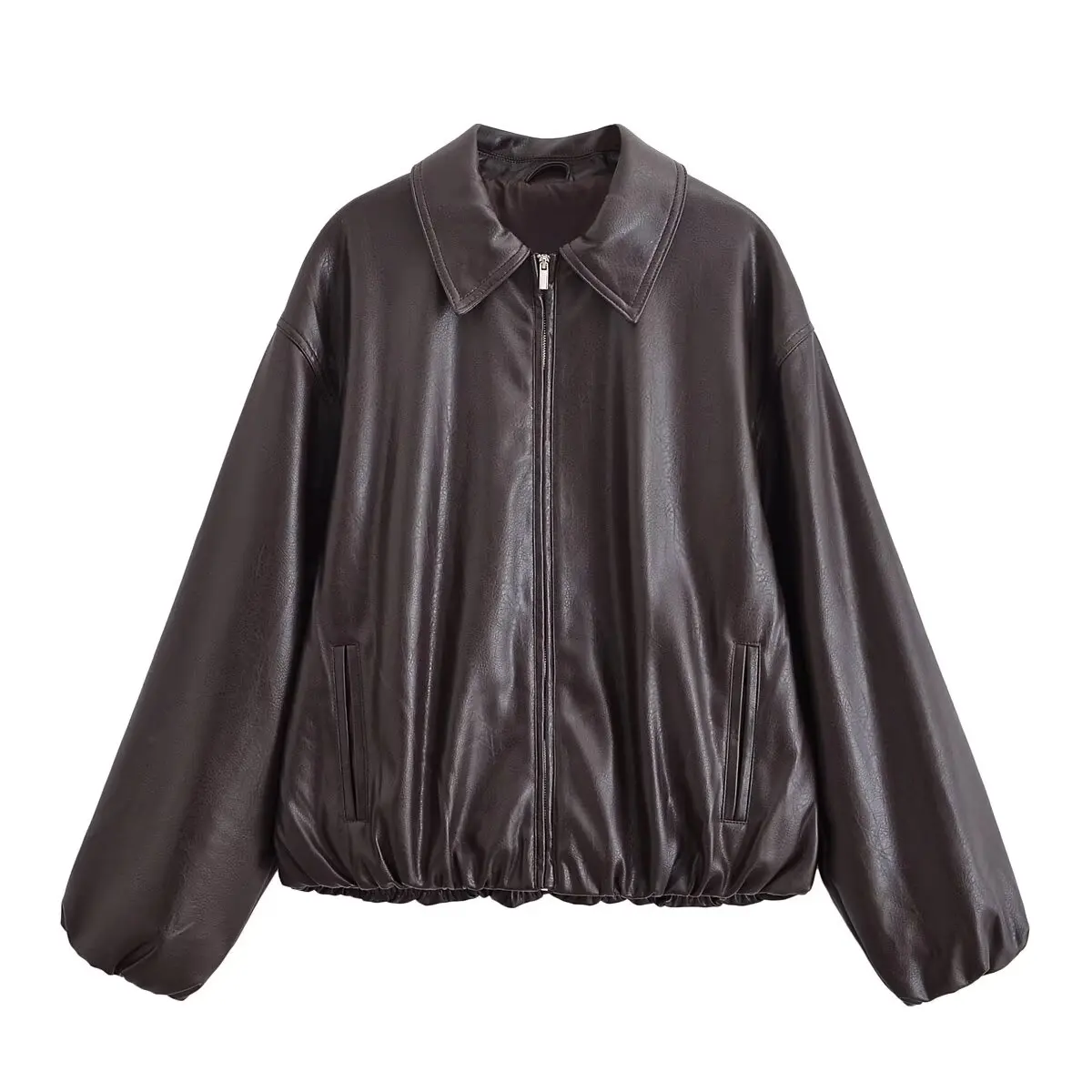HH Women Vintage Dark Brown Faux Leather Bomber Jacket Long Sleeve Zipper Lapel Coat Spring Autumn Fashion Lady Streetwear Tops