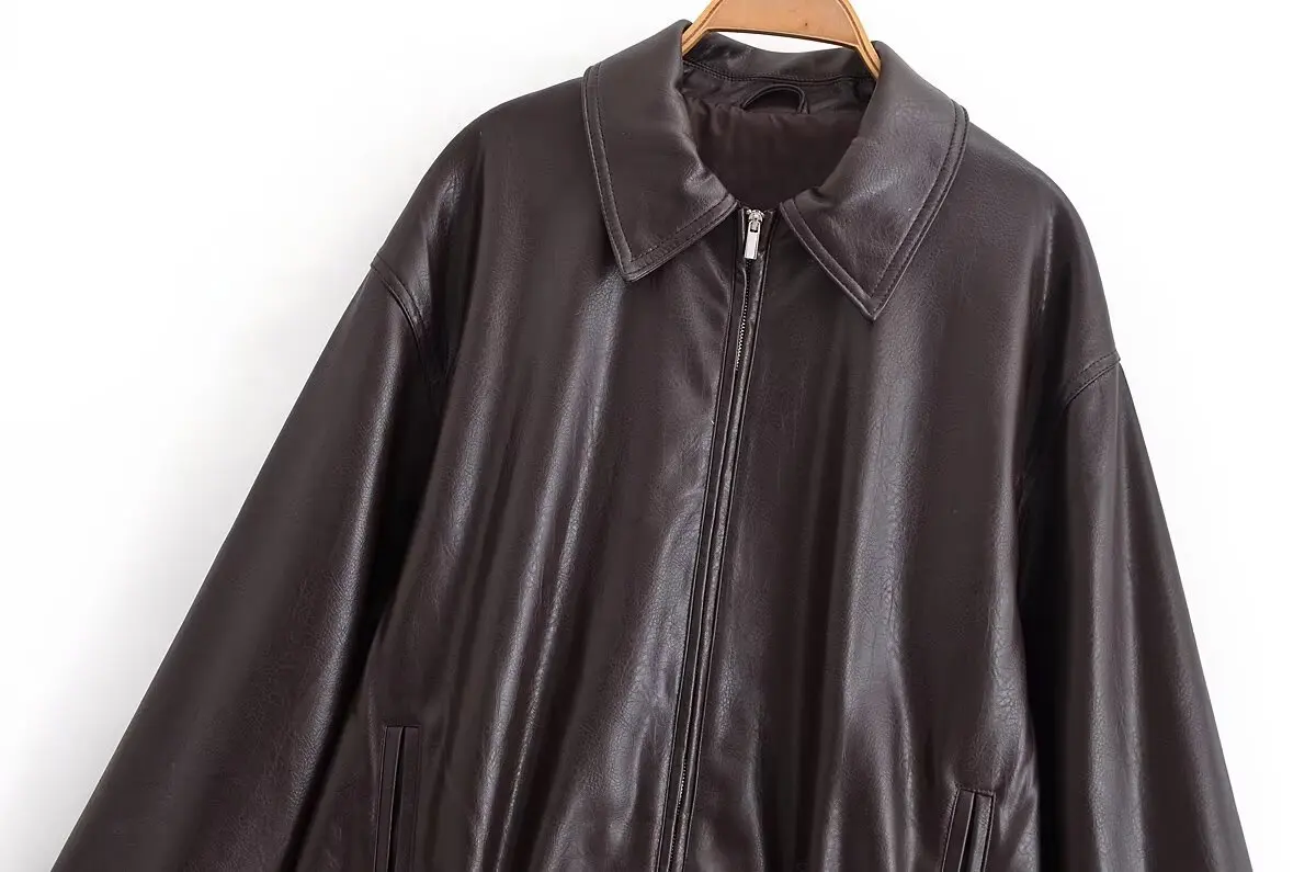HH Women Vintage Dark Brown Faux Leather Bomber Jacket Long Sleeve Zipper Lapel Coat Spring Autumn Fashion Lady Streetwear Tops