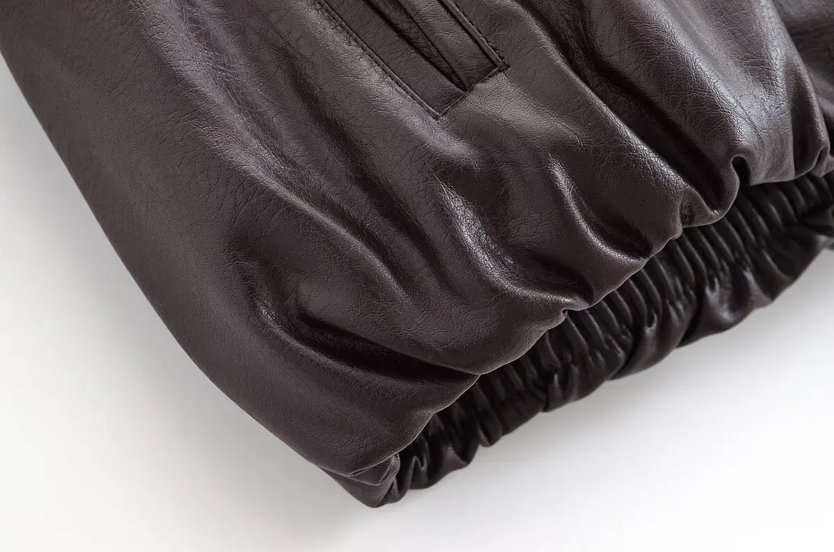 HH Women Vintage Dark Brown Faux Leather Bomber Jacket Long Sleeve Zipper Lapel Coat Spring Autumn Fashion Lady Streetwear Tops