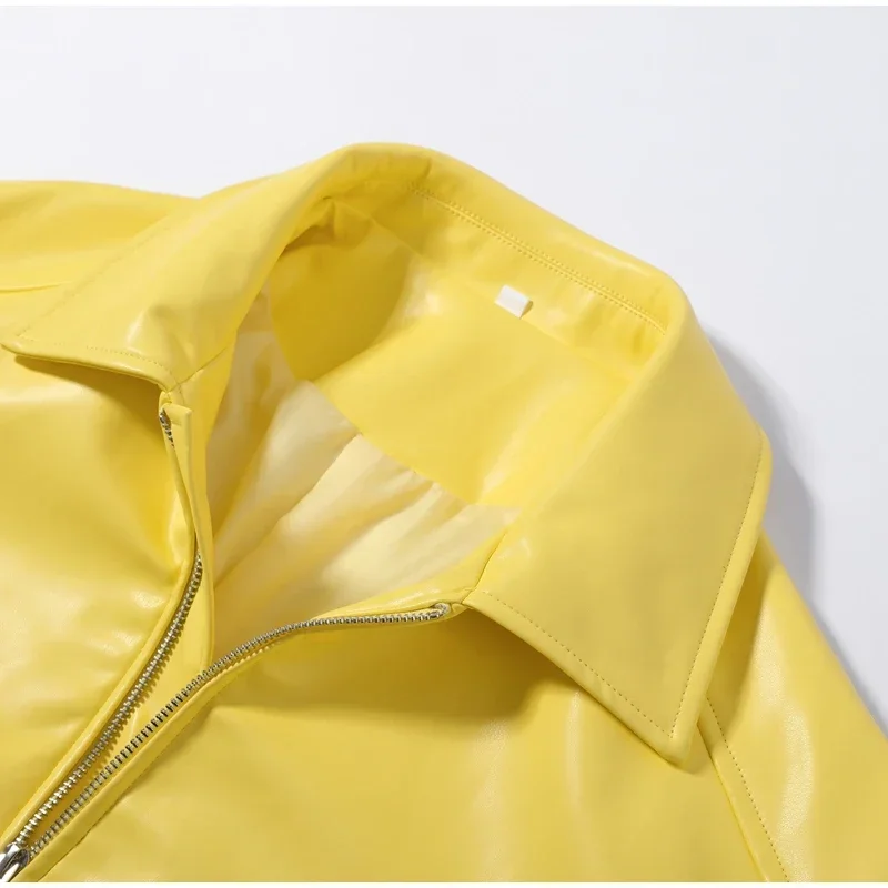 Faux Leather Yellow Short Women's Jacket Autumn Turn-down Collar Pockets Zippers Female Coat 2026 Lady Full Sleeve Fashion Coats