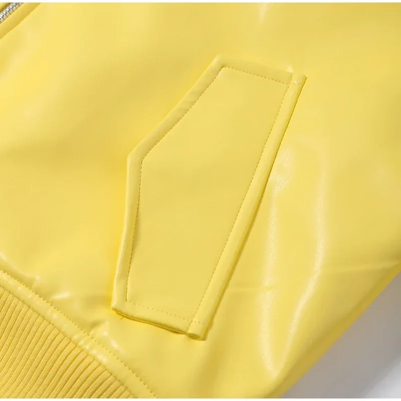 Faux Leather Yellow Short Women's Jacket Autumn Turn-down Collar Pockets Zippers Female Coat 2026 Lady Full Sleeve Fashion Coats