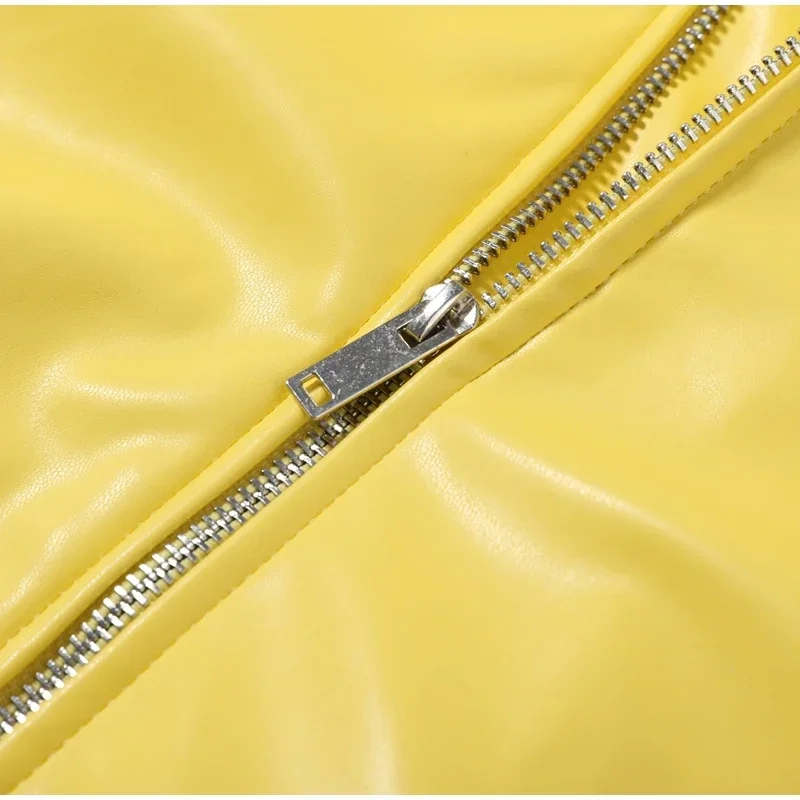 Faux Leather Yellow Short Women's Jacket Autumn Turn-down Collar Pockets Zippers Female Coat 2026 Lady Full Sleeve Fashion Coats