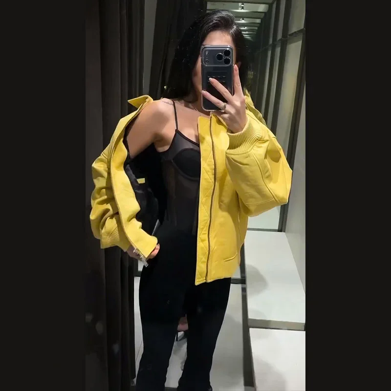Faux Leather Yellow Short Women's Jacket Autumn Turn-down Collar Pockets Zippers Female Coat 2026 Lady Full Sleeve Fashion Coats