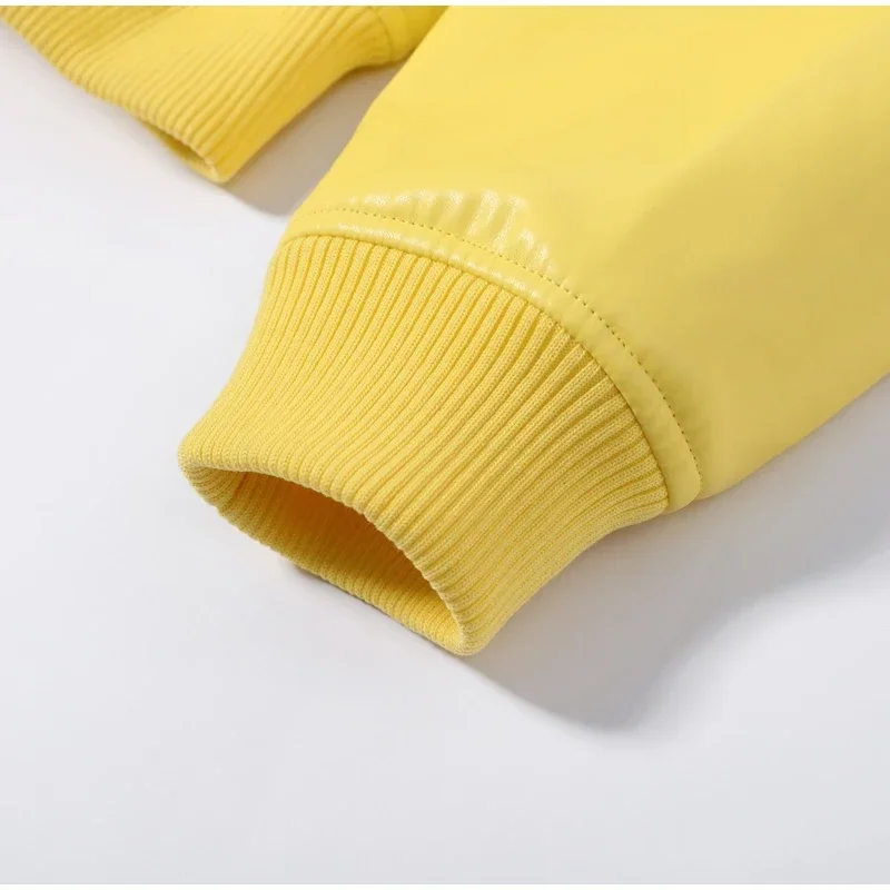 Faux Leather Yellow Short Women's Jacket Autumn Turn-down Collar Pockets Zippers Female Coat 2026 Lady Full Sleeve Fashion Coats