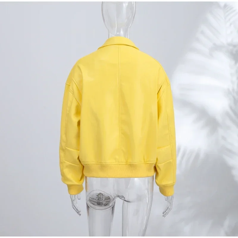 Faux Leather Yellow Short Women's Jacket Autumn Turn-down Collar Pockets Zippers Female Coat 2026 Lady Full Sleeve Fashion Coats