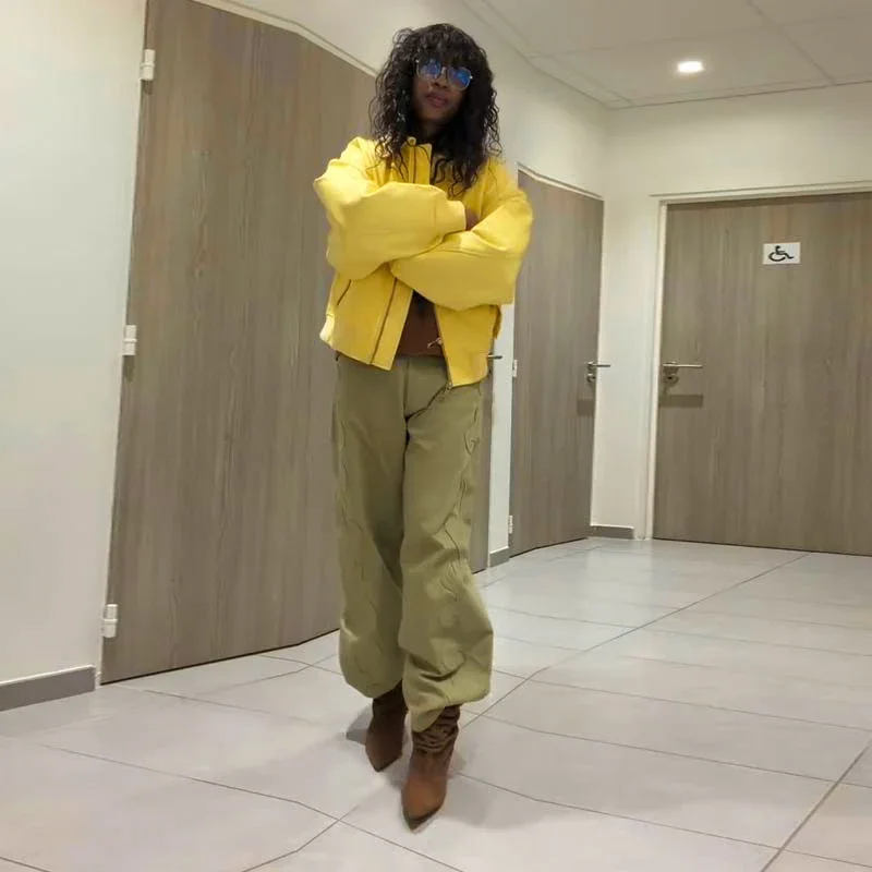 Faux Leather Yellow Short Women's Jacket Autumn Turn-down Collar Pockets Zippers Female Coat 2026 Lady Full Sleeve Fashion Coats