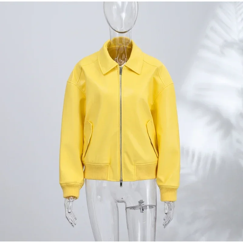 Faux Leather Yellow Short Women's Jacket Autumn Turn-down Collar Pockets Zippers Female Coat 2026 Lady Full Sleeve Fashion Coats