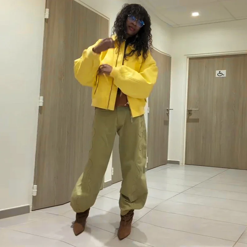 Faux Leather Yellow Short Women's Jacket Autumn Turn-down Collar Pockets Zippers Female Coat 2026 Lady Full Sleeve Fashion Coats