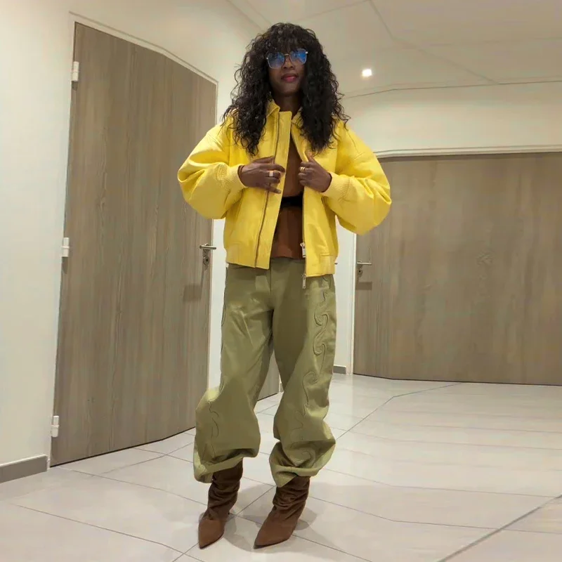 Faux Leather Yellow Short Women's Jacket Autumn Turn-down Collar Pockets Zippers Female Coat 2026 Lady Full Sleeve Fashion Coats