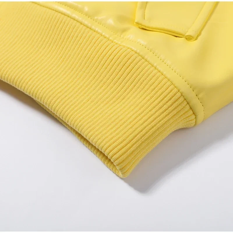 Faux Leather Yellow Short Women's Jacket Autumn Turn-down Collar Pockets Zippers Female Coat 2026 Lady Full Sleeve Fashion Coats