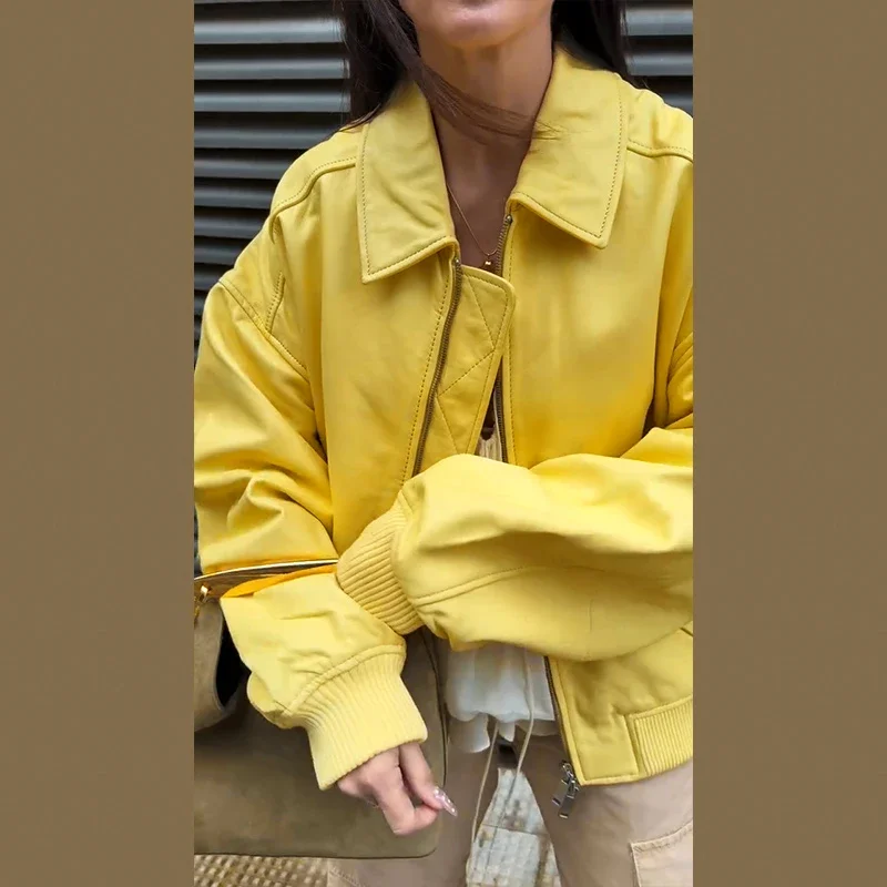 Faux Leather Yellow Short Women's Jacket Autumn Turn-down Collar Pockets Zippers Female Coat 2026 Lady Full Sleeve Fashion Coats