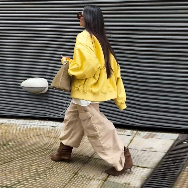 Faux Leather Yellow Short Women's Jacket Autumn Turn-down Collar Pockets Zippers Female Coat 2026 Lady Full Sleeve Fashion Coats