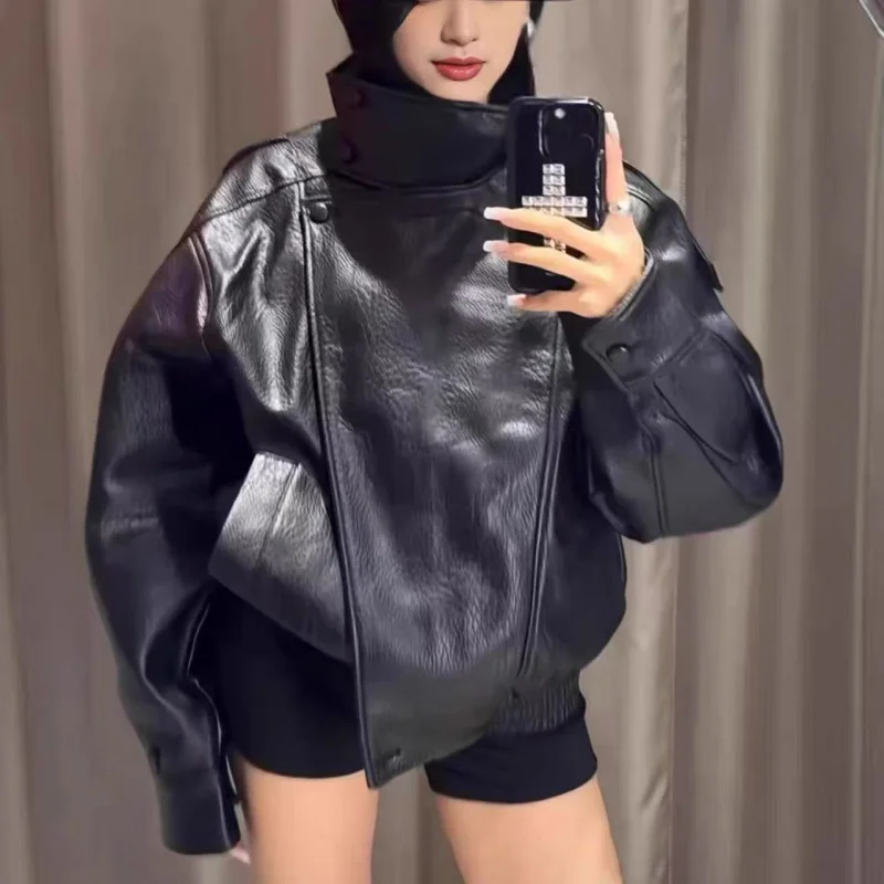 ETJ 2025 New Women's Fashion Loose Version of Standing Collar Imitation Leather Jacket Street Style Cool Handsome Leather Jacket