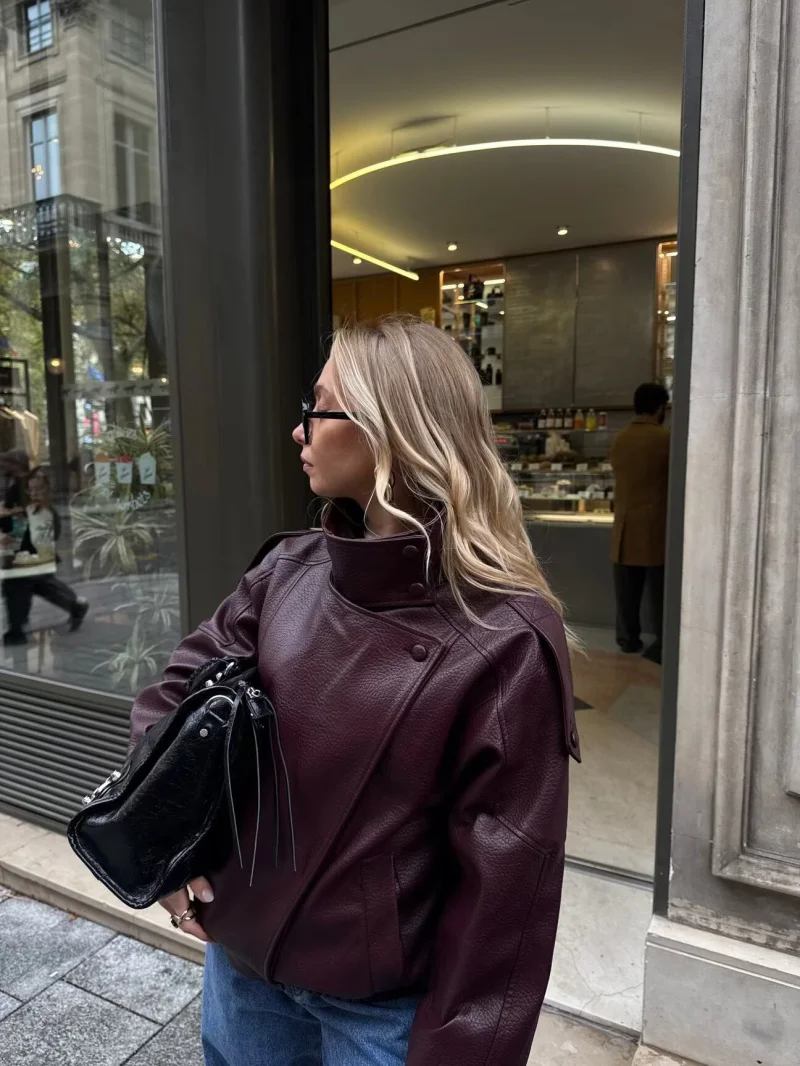 ETJ 2025 New Women's Fashion Loose Version of Standing Collar Imitation Leather Jacket Street Style Cool Handsome Leather Jacket