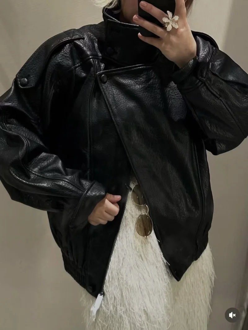 ETJ 2025 New Women's Fashion Loose Version of Standing Collar Imitation Leather Jacket Street Style Cool Handsome Leather Jacket