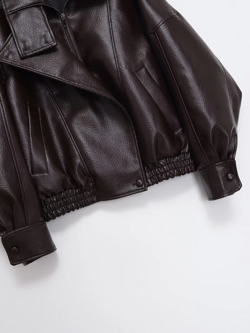 ETJ 2025 New Women's Fashion Loose Version of Standing Collar Imitation Leather Jacket Street Style Cool Handsome Leather Jacket