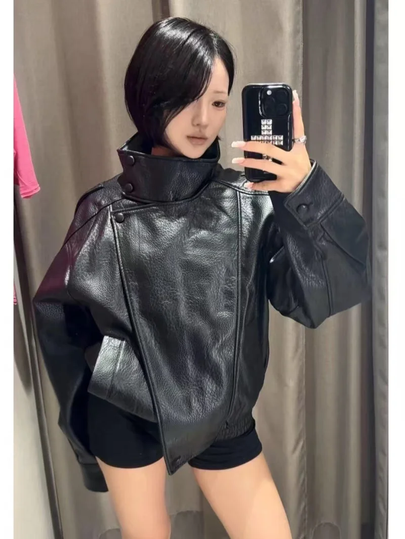 ETJ 2025 New Women's Fashion Loose Version of Standing Collar Imitation Leather Jacket Street Style Cool Handsome Leather Jacket
