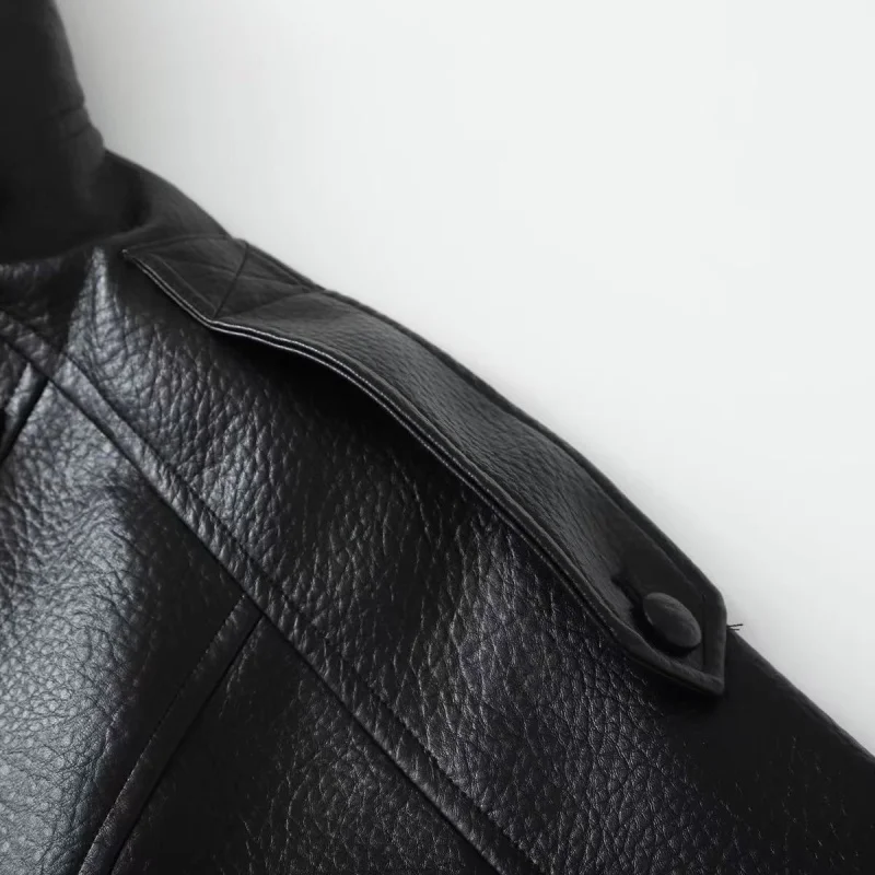 ETJ 2025 New Women's Fashion Loose Version of Standing Collar Imitation Leather Jacket Street Style Cool Handsome Leather Jacket