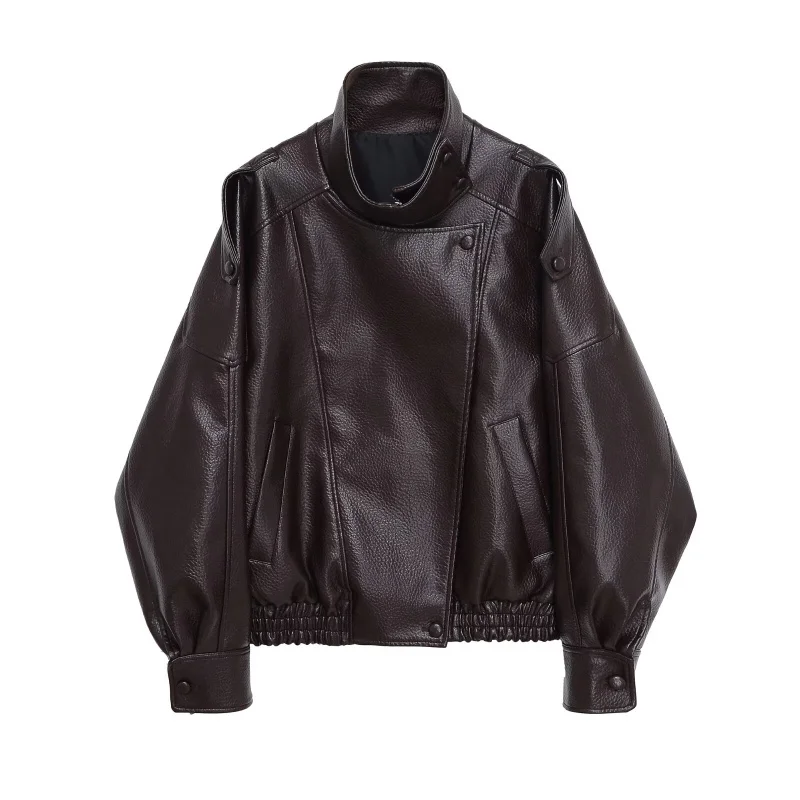 ETJ 2025 New Women's Fashion Loose Version of Standing Collar Imitation Leather Jacket Street Style Cool Handsome Leather Jacket