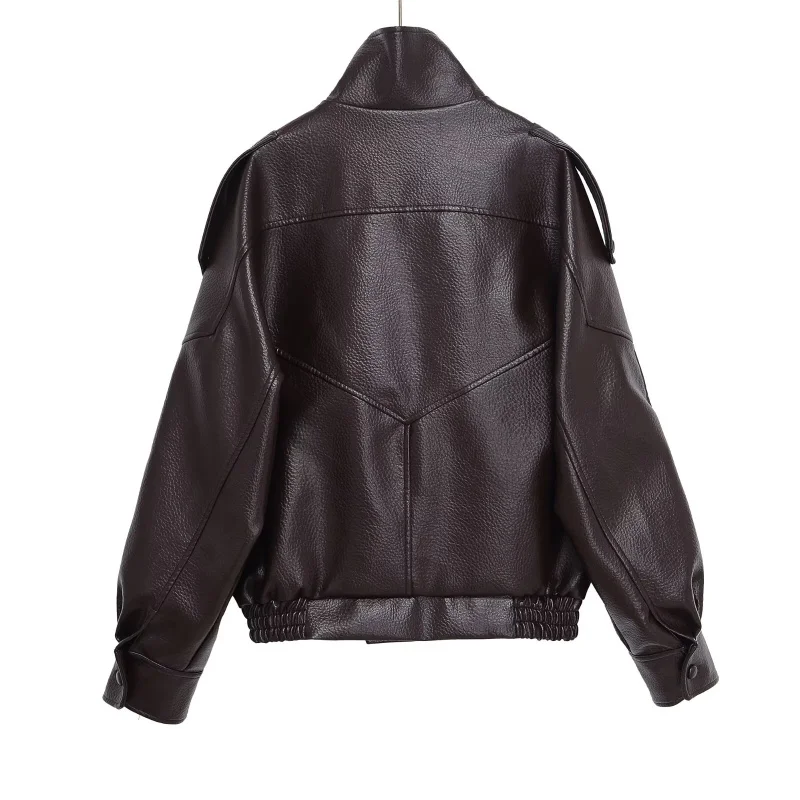 ETJ 2025 New Women's Fashion Loose Version of Standing Collar Imitation Leather Jacket Street Style Cool Handsome Leather Jacket