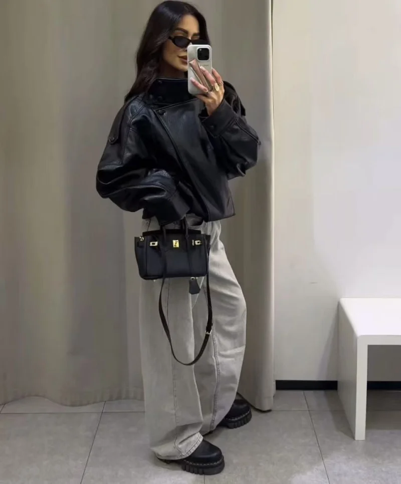 ETJ 2025 New Women's Fashion Loose Version of Standing Collar Imitation Leather Jacket Street Style Cool Handsome Leather Jacket