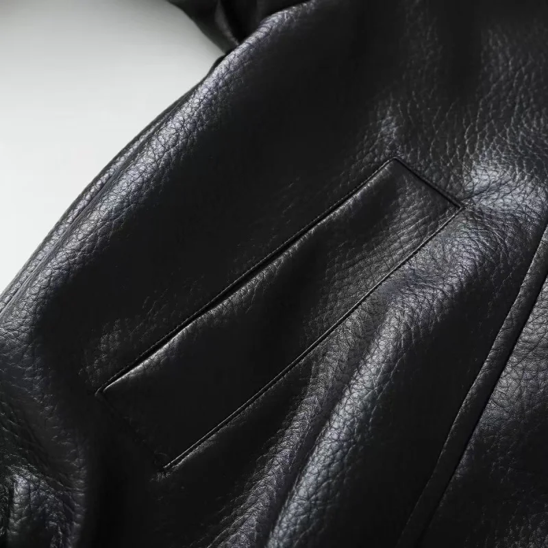 ETJ 2025 New Women's Fashion Loose Version of Standing Collar Imitation Leather Jacket Street Style Cool Handsome Leather Jacket